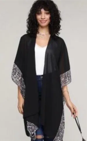 Black Chiffon Kimono Cardigan Snakeskin Trim Resortwear Boho xl thumbnail 1
