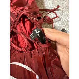 NWT Lulus Size XS Poised Passion Wine Red Taffeta Pleated Ruffled Midi Dress thumbnail 6