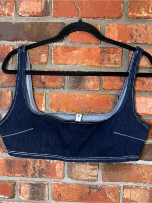 Zara TRF womens dark wash denim crop top blue L thumbnail 2
