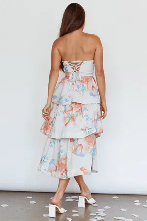 Outshine Strapless Tiered Midi Dress Floral in Peach thumbnail 4