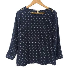 J.Crew Silk Blouse Women 6‎ Anchor Print Navy Blue Gold Button Boatneck* thumbnail 1