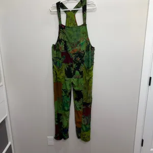 Dungarees L/XL Overalls Green Floral Patchwork Viscose Boho Hippie Stretch Artsy thumbnail 3