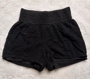 Maurices Women Boho Floral Lace Black Shorts - Smocked Waist Solid Lining thumbnail 2