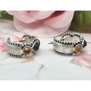 Liz Claiborne Cute Brushed Silver Tone Hoop Earrings Gemstone Accents Western thumbnail 3