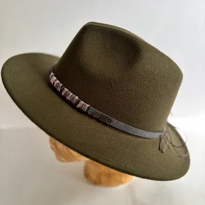 Wide Brim Felt Fedora Hat in Olive Green with Beaded Band thumbnail 1