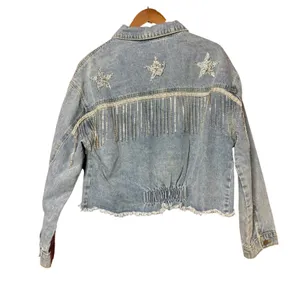 NWT Joiemont Women XL Light Wash Distressed Denim Jacket Rhinestone Stars Fringe thumbnail 3