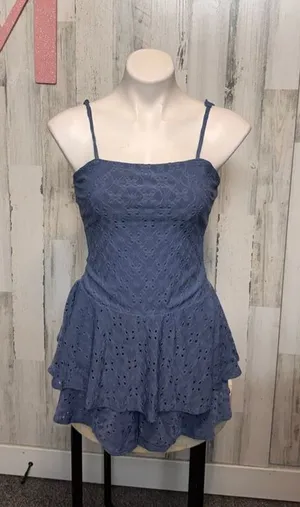 Hearts & Hearts Blue Eyelet Lace Romper Size M Spaghetti Strap Ruffle Shorts thumbnail 1