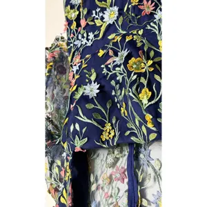 Floral Embroidered Mesh Midi Dress Sz 6 Bell Sleeve Cottagecore Navy thumbnail 6