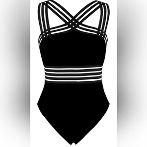 Viral black, one piece bathing suit with crisscross strap size large thumbnail 4