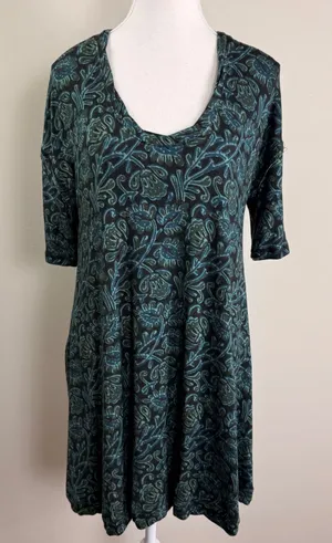 Natural Life Botanical Print Swing Dress Teal Black 3/4 Sleeve Small NWT thumbnail 1
