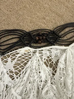 White Crochet Lace coverup with Brown Fringe Waistband thumbnail 5