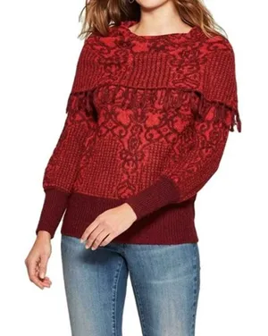 Knox Rose Women's Size‎ Small Red Damask Boho Peasant Long Sleeve Sweater thumbnail 1