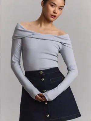 Pilcro Off-the-Shoulder Foldover Long Sleeve Top Bardot Neckline Y2K Minimalist thumbnail 1