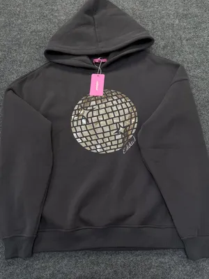 Edikted Oversized Charcoal Gray Hoodie with Silver Disco Graphic thumbnail 2