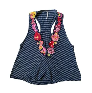 Free People Floral Striped Sleeveless Applique Top Size XS Embroidered Boho thumbnail 3