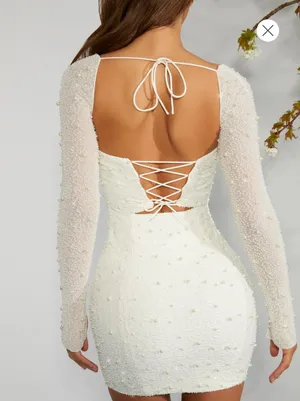 Oh Polly Long Sleeve Embellished Corset Mini Dress in Ivory thumbnail 5