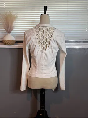 Dots White Open Back Lattice Blazer Jacket Y2K Office Siren Coquette Size M thumbnail 8