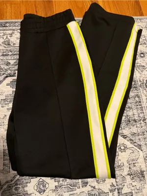 Zara Black Track Pants Neon Yellow White Piping Elastic Waist Medium thumbnail 1