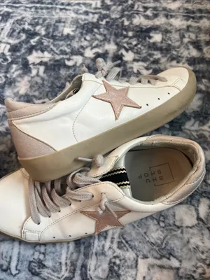 ShuShop White Sneakers with Taupe Accents and Star Detail thumbnail 4