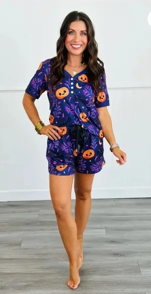 Shirley & Stone Purple Pumpkin Short‎ With Short Sleeve Pajama Set Size Large thumbnail 1