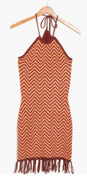 Lush Crochet Knit Halter Mini Dress Fringe Hem Boho Festival Size S thumbnail 1