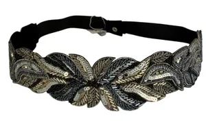 Silver Beaded Embroidered Boho Festival Floral Belt Elastic Sz 34 Waistband NWT thumbnail 1