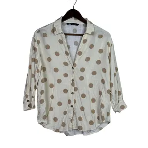 Zara Button Up Shirt Textured Polka Dot Collared Long Sleeve Small Ivory Beige thumbnail 2