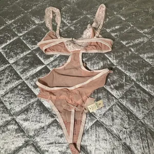 We Are HAH Free People Key To Ur Heart Bodysuit Copper Rose Pink Lace XS Sheer thumbnail 8
