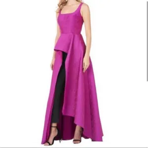 NWT KAY UNGER Jacquard Asymmetric Ruffle Maxi‎ Romper jumpsuit Cerise Sz 8 thumbnail 2