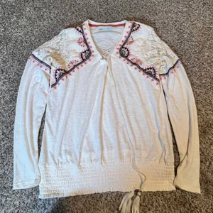 Maurices Womens Boho Embroidered Lace Up Smocked Hem Top White Large Long Sleeve thumbnail 1