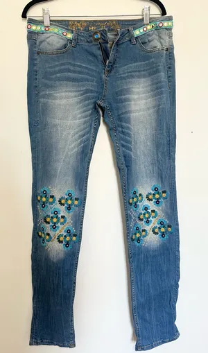 Desigual women's Ethnic stretch jeans floral Y2K 2000 embroidery boho hippie thumbnail 1