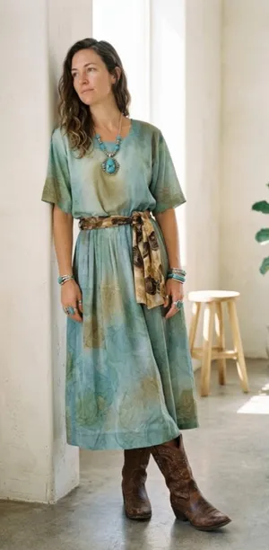 Vintage 80s 90s Bohemian Earthy Green Paisley Midi Dress with Tie Waist S M thumbnail 1