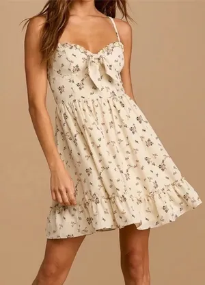 Lulus Romantic Muse Cream Floral Print Tie-Front Ruffled Mini Dress Medium NEW thumbnail 1