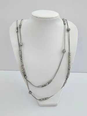 ​Chico's Silver Tone Layered Snake Chain Rhinestone Rondelle Station Necklace thumbnail 1