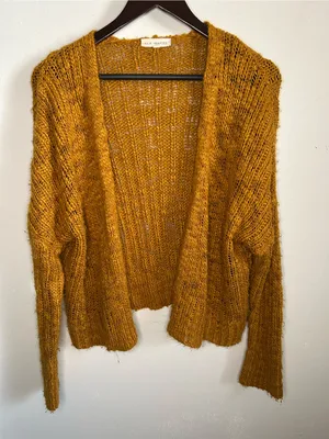 LA Hearts Oversized Boho Fuzzy Knit Cardigan Sweater in Mustard Gold thumbnail 8