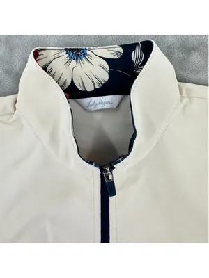Lady Hagen Sleeveless Golf Shirt Beige Tropical Blue Trim Drawstring Waist Small thumbnail 3