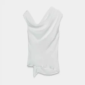 Zara NWT white draped satin effect ruched asymmetrical hem gold brooch top thumbnail 2