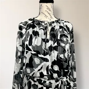 White House | Black Market Black White Chiffon Midi Dress Belted Sheer Sleeve Autumn Wedding Guest thumbnail 6