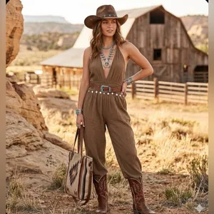 Earthbound Trading Co halter neck, gathered waist, harem leg jumpsuit, olive S thumbnail 2