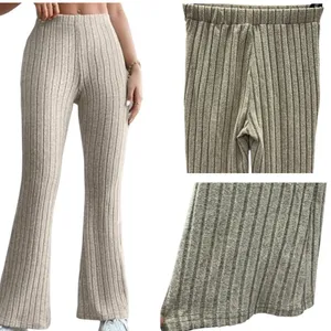 Source Unknown Khaki High Waisted Wide Ribbed Pull On Flare Legging Stretch Pants Womens Small thumbnail 2