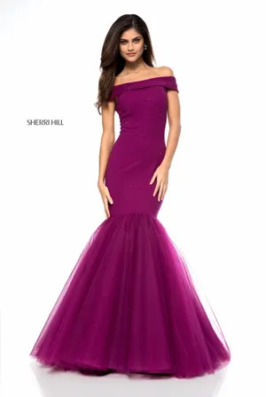 Sherri Hill Off-the-Shoulder Mermaid Gown in Plum Purple thumbnail 1