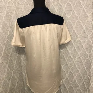 Ann Taylor Short Sleeve Blouse Navy & Champagne Medium thumbnail 4