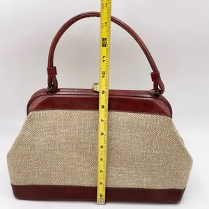 Vintage 50s 60s Top Handle Satchel Bag Red Leather Tweed Purse Midcentury Modern thumbnail 9