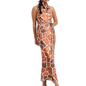 ASOS Design Satin Cowl Neck Halter Midi Tie Wrap Waist in Brown Animal, Size 8‌‌ thumbnail 5