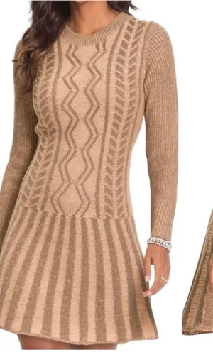 Venus Women's Knit Sweater Dress Size S Beige Brown Patterned Long Sleeve thumbnail 1