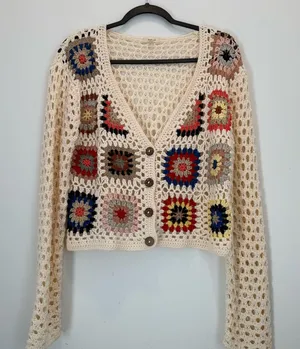 Debut Crochet Cream Granny Square Cardigan Sweater size M thumbnail 1