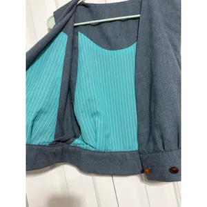 Vintage Wrap Front Cropped Vest Slate Blue Teal Pinstripe Lining Woven Buttons thumbnail 3