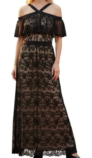 Lucy Paris Black Lace Maxi Dress Nude Lined Strappy Off‎ Shoulder Gown Small NWT thumbnail 1