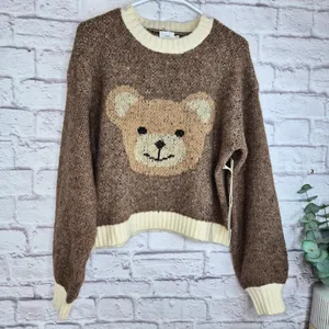 Luna Ivy Teddy Bear Graphic Sweater NWT M Brown Knit Crewneck Cropped Preppy thumbnail 2
