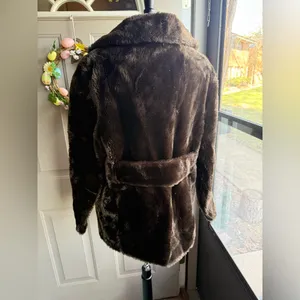 Vintage faux fur gold double button coat, size medium large Brown thumbnail 4